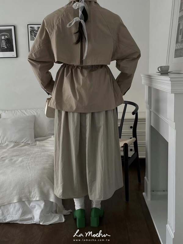 縮腰前綁帶披肩感風衣皮外套